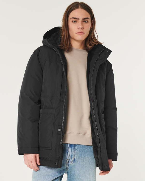 Hollister Borg Lined Heavyweight Hooded Puffer Jacket In Black for Men