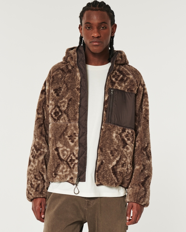 Hooded Faux Shearling Zip-Up Jacket, Brown Pattern