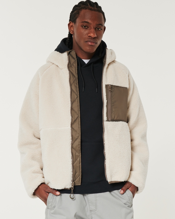 Hooded Faux Shearling Zip-Up Jacket, Cream
