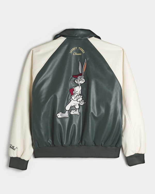Looney Tunes 圖案純素皮革夾克外套, 深橄欖色和奶油色 view 1
