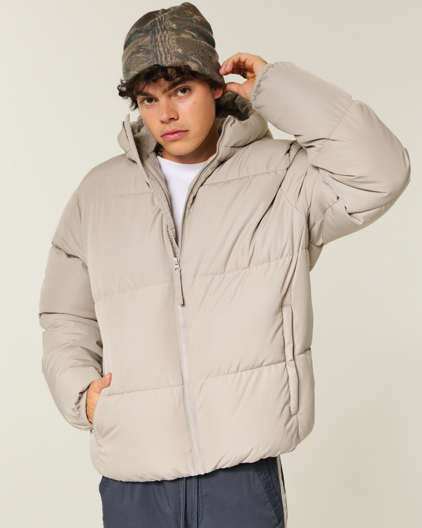 Faux Fur-Lined Puffer Jacket, Tan view 1