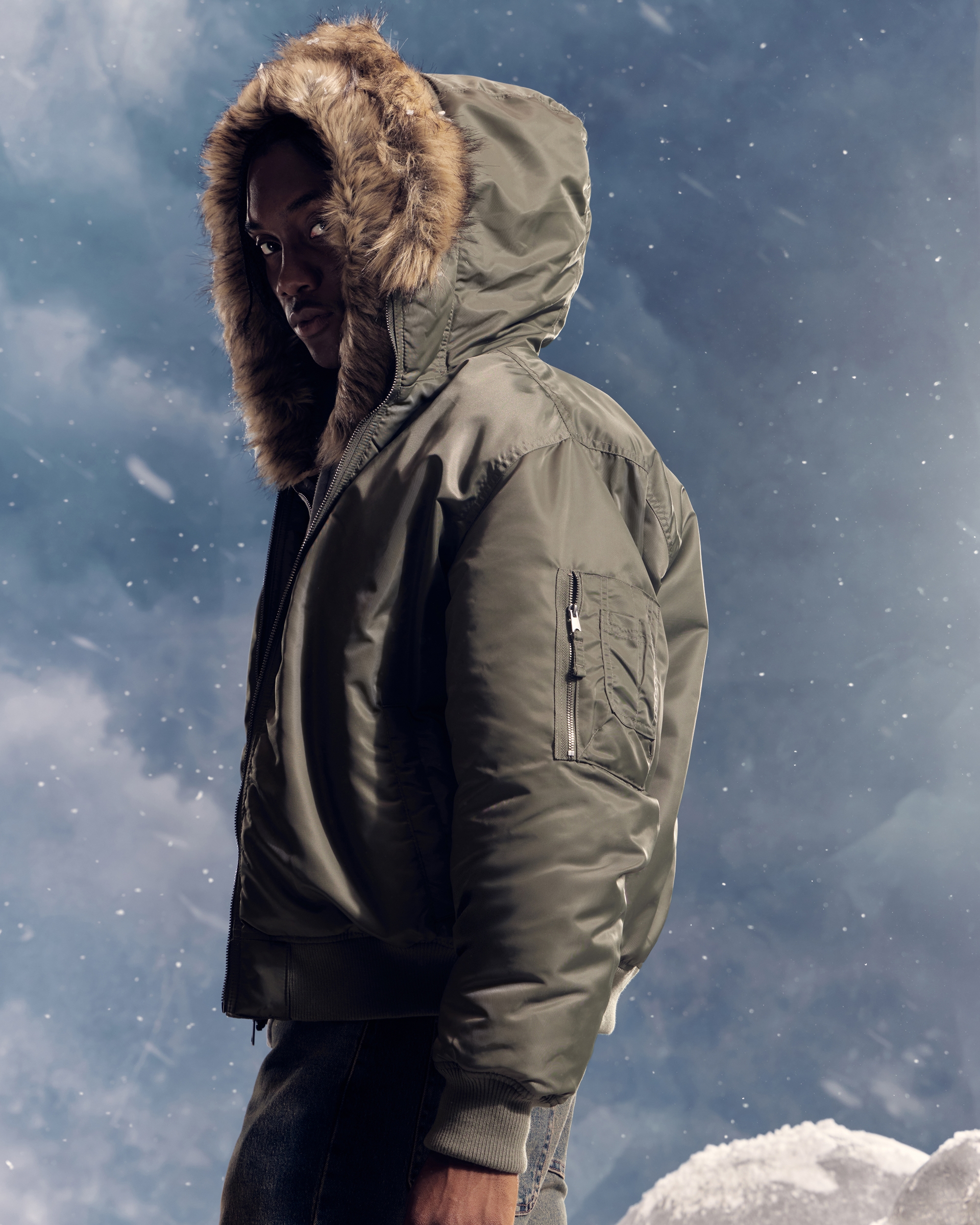 Faux Fur Trim Zip-Up Bomber Jacket