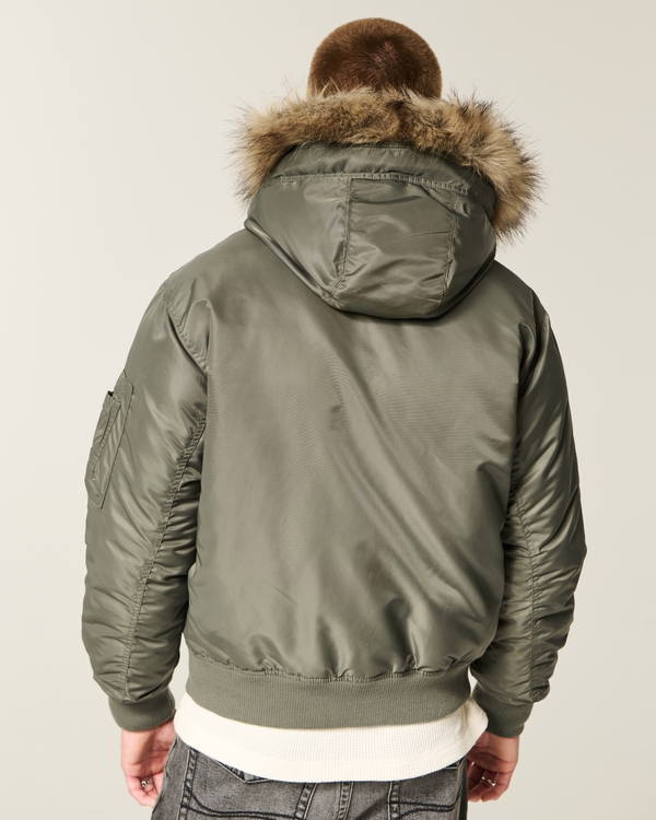 Faux Fur Trim Zip-Up Bomber Jacket, Olive view 2