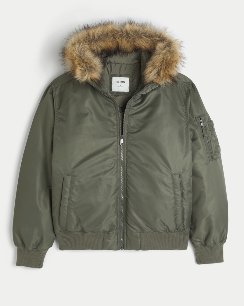 Faux Fur Trim Zip-Up Bomber Jacket