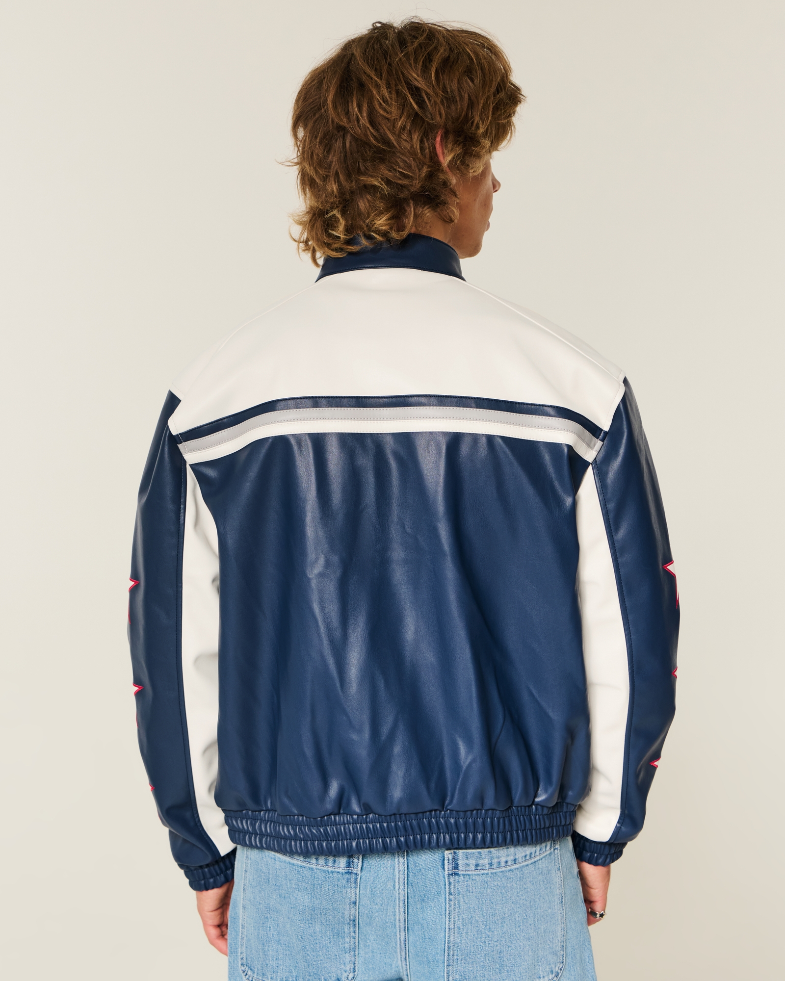 Eddie Brown REDBULL レザー レーシングジャケット Men's Oracle Red Bull Racing Graphic Faux Leather Jacket | Men's