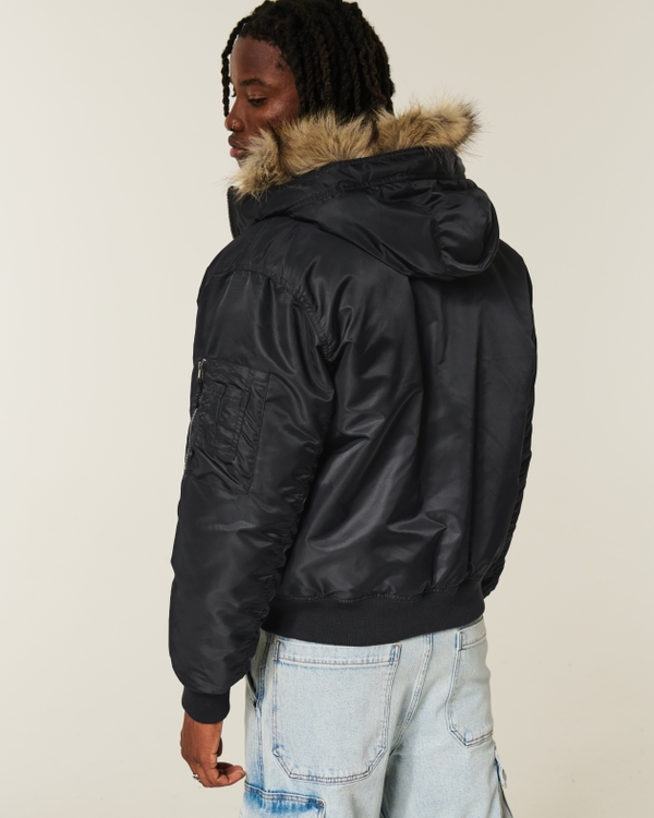 Faux Fur Trim Zip-Up Bomber Jacket, Black view 2