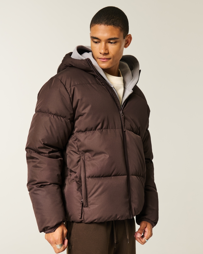 メンズ フード付きフェイクファー裏地付きパファージャケット