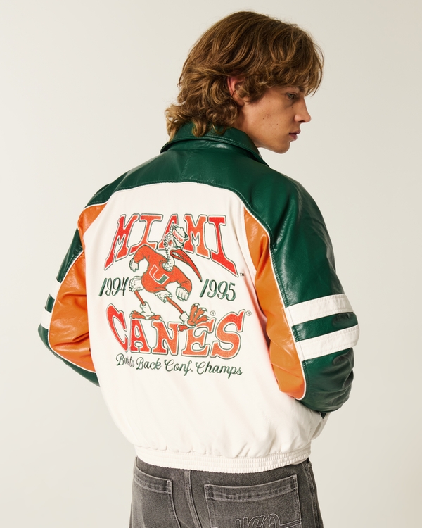 Faux Leather University of Miami Hurricanes Graphic Jacket, Cream And Green view 1