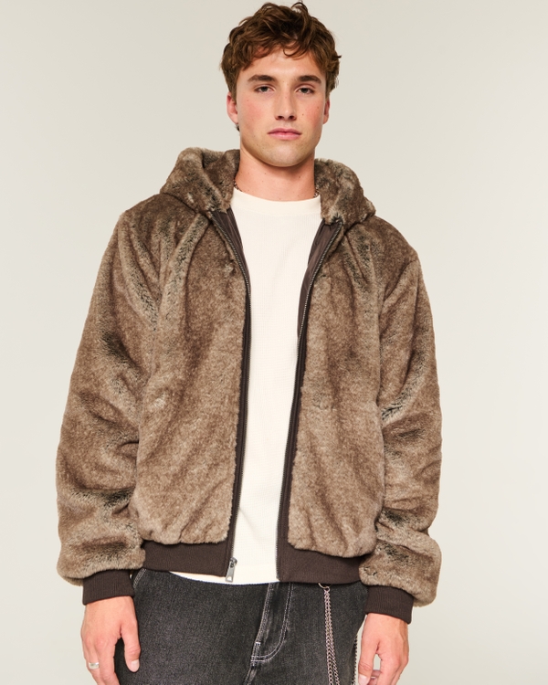 Hooded Faux Fur Jacket, Brown view 2