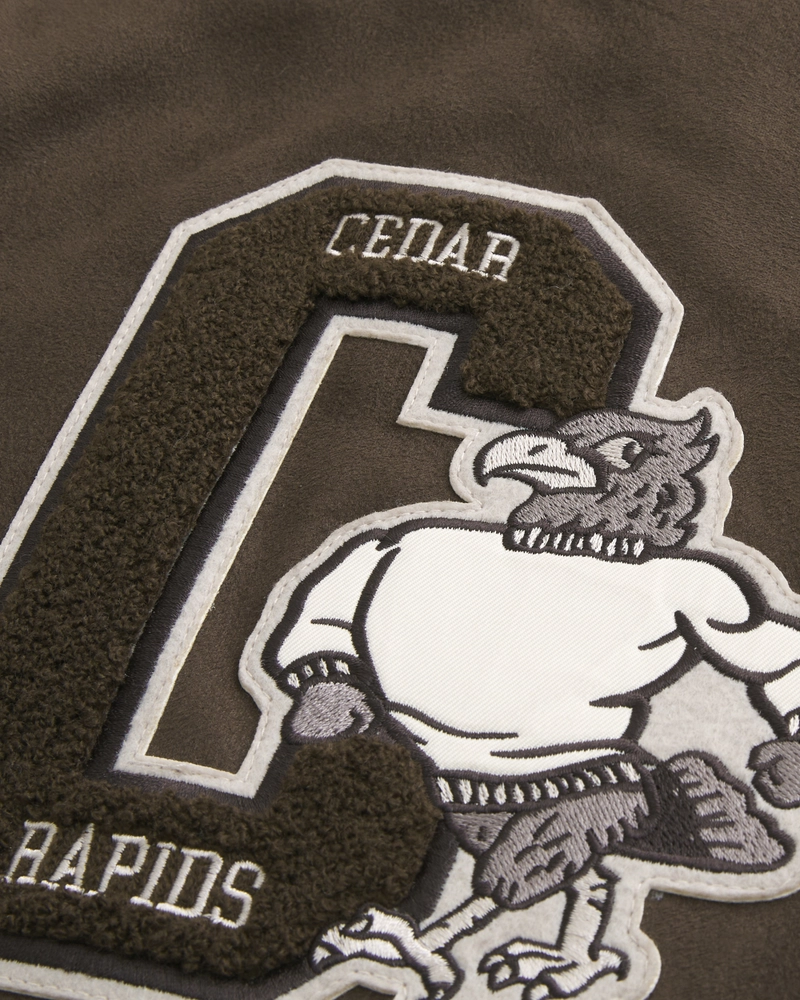 Faux Suede Cedar Rapids Graphic Varsity Jacket