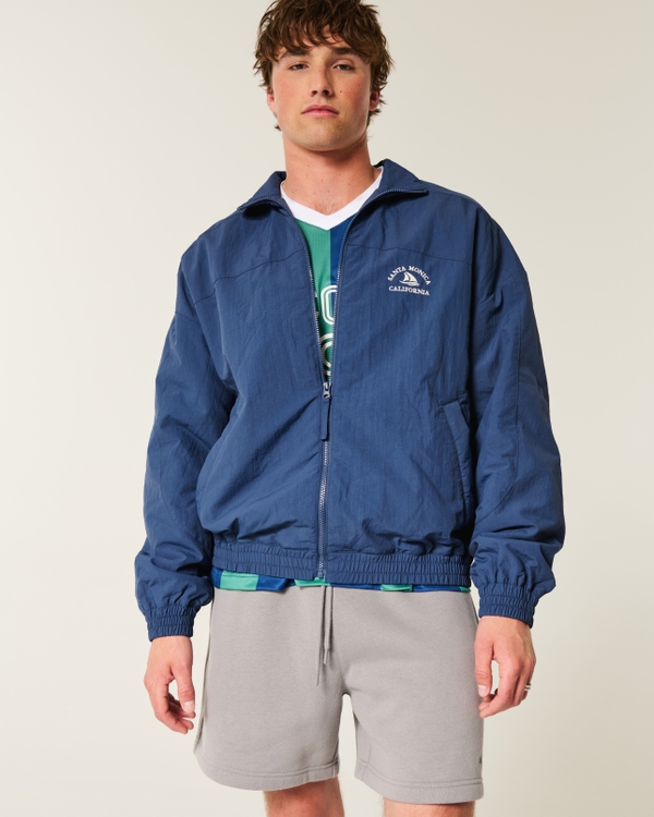 Fleece-Lined Santa Monica Graphic Windbreaker Jacket, Navy view 1