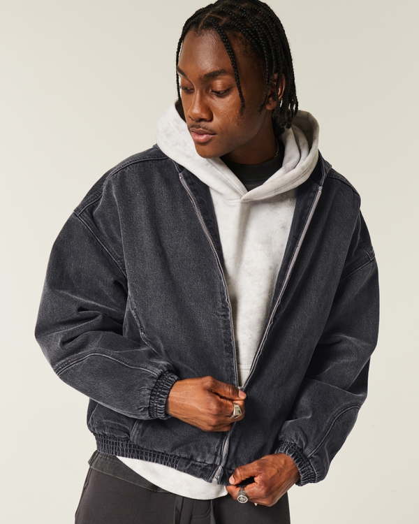 Denim Zip-Up Skater Jacket, Washed Black view 1