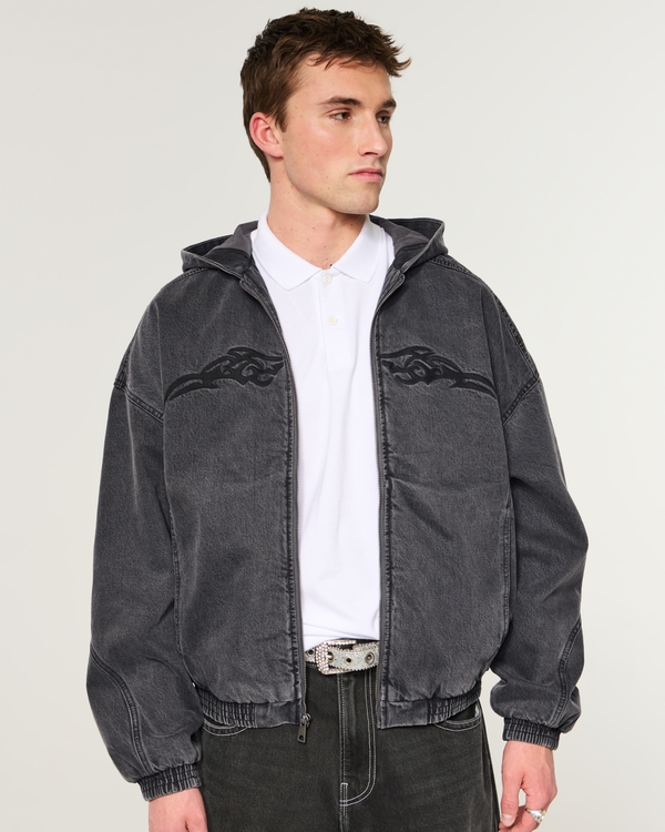 Tattoo Graphic Denim Skater Jacket, Washed Black view 2