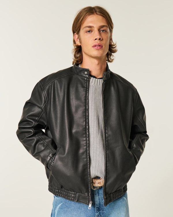Faux Leather Moto Jacket, Faded Black view 1