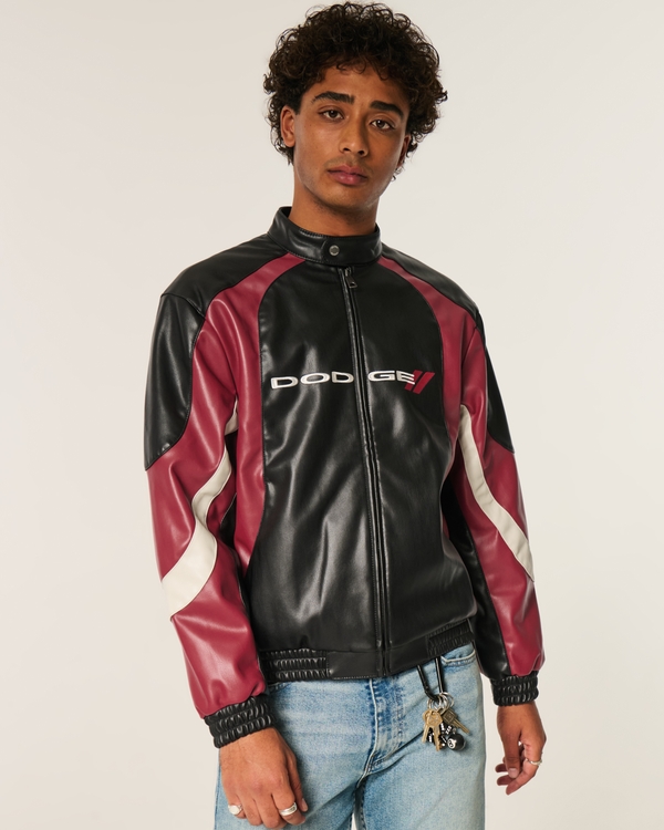 Faux Leather Dodge Graphic Jacket, Black view 1