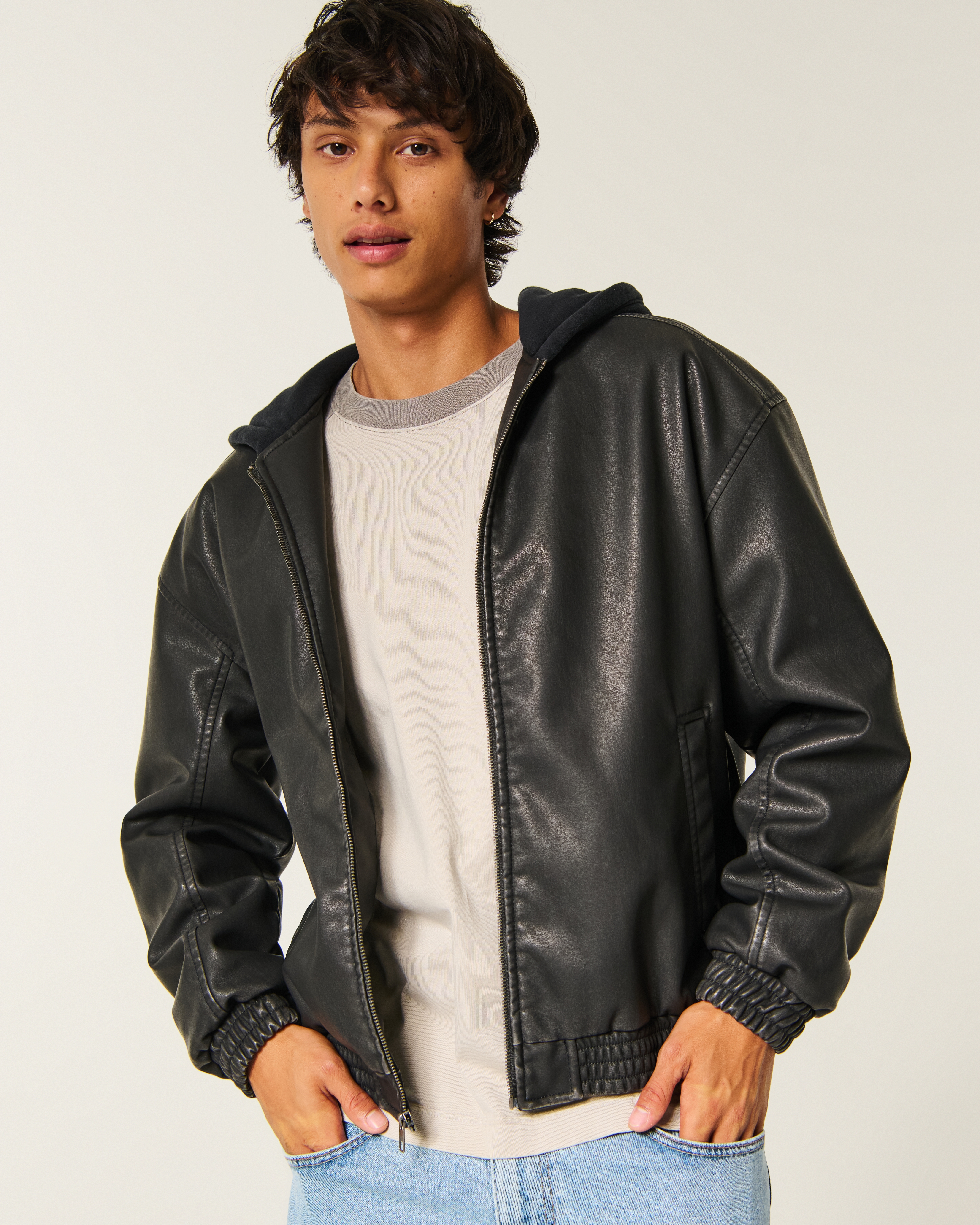 Faux Leather Fleece Hood Bomber Jacket