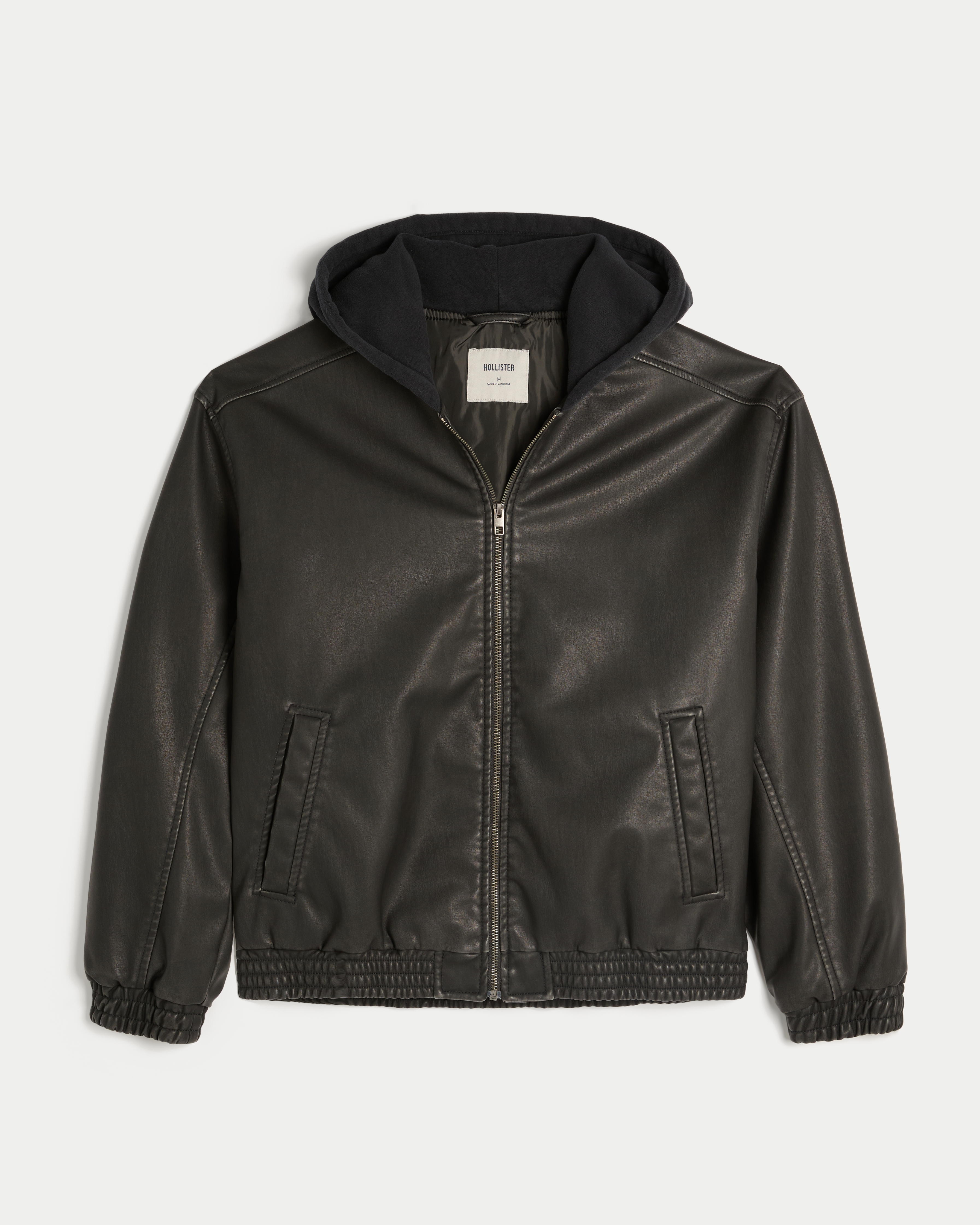 Faux Leather Fleece Hood Bomber Jacket
