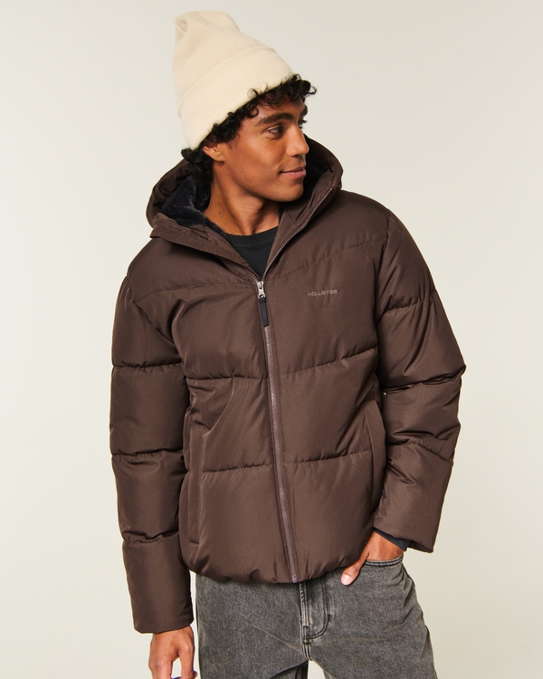 Hollister Feel Good Faux Fur-Lined Puffer Jacket, Dark Brown view 1
