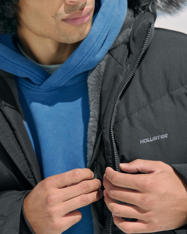 Hollister Feel Good Faux Fur Trim Puffer Jacket, Black view 2