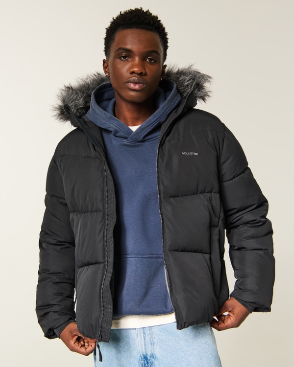 Hollister Feel Good Faux Fur Trim Puffer Jacket, Black view 1