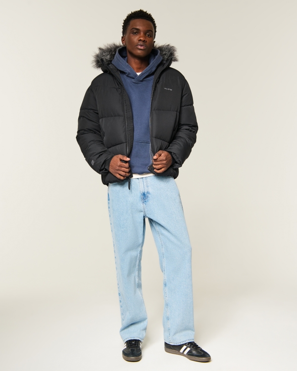 Hollister Feel Good Faux Fur Trim Puffer Jacket, Black view 2