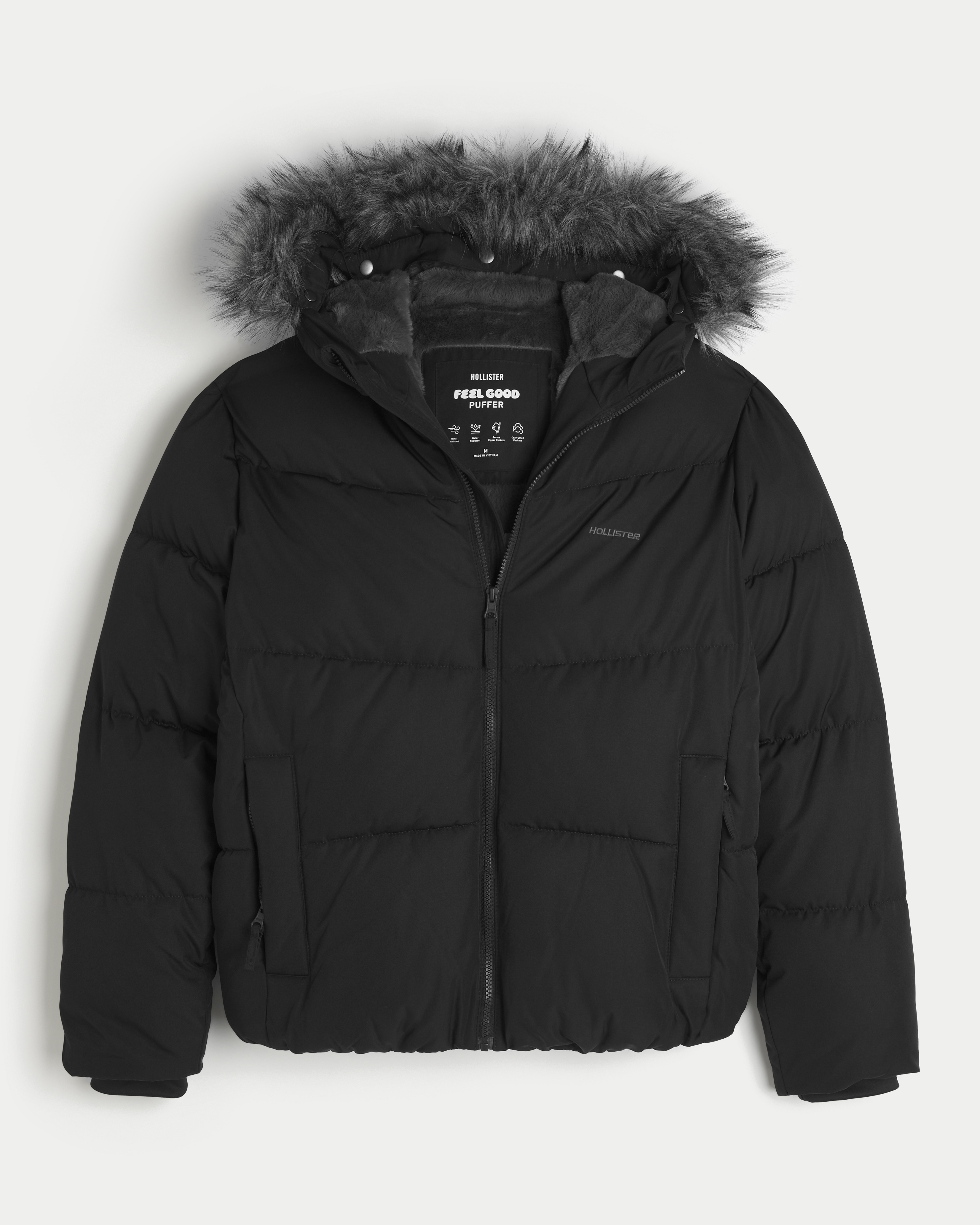 Hollister Feel Good Faux Fur Trim Puffer Jacket