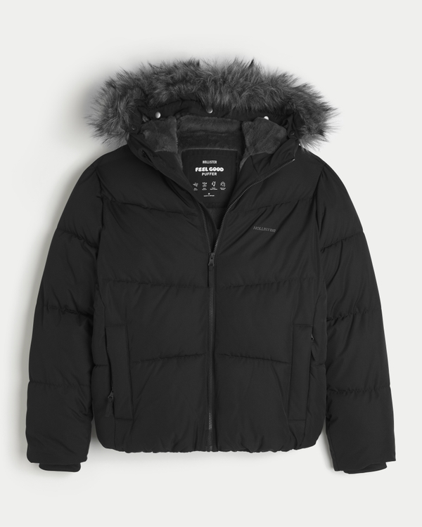 Hollister Feel Good Faux Fur Trim Puffer Jacket, Black view 1