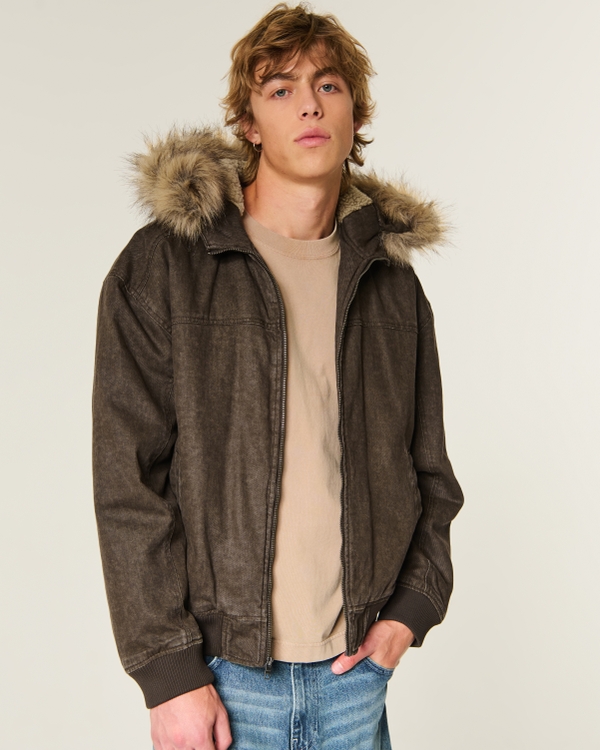 Hooded Faux Fur Trim Jacket, Dark Brown view 1