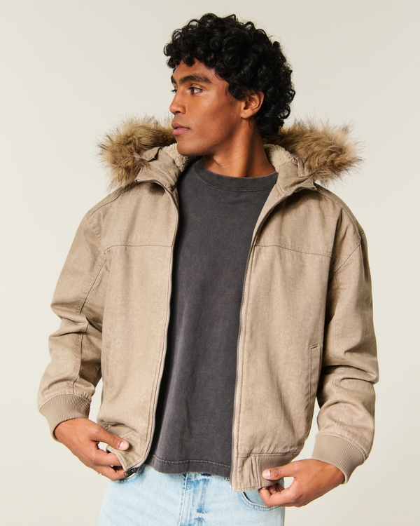 Hooded Faux Fur-Lined Jacket, Tan view 1