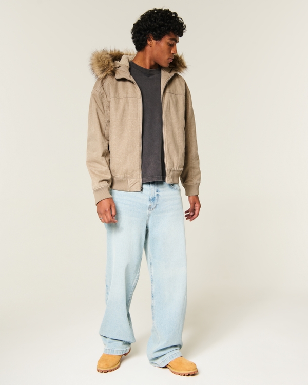 Hooded Faux Fur-Lined Jacket, Tan view 2