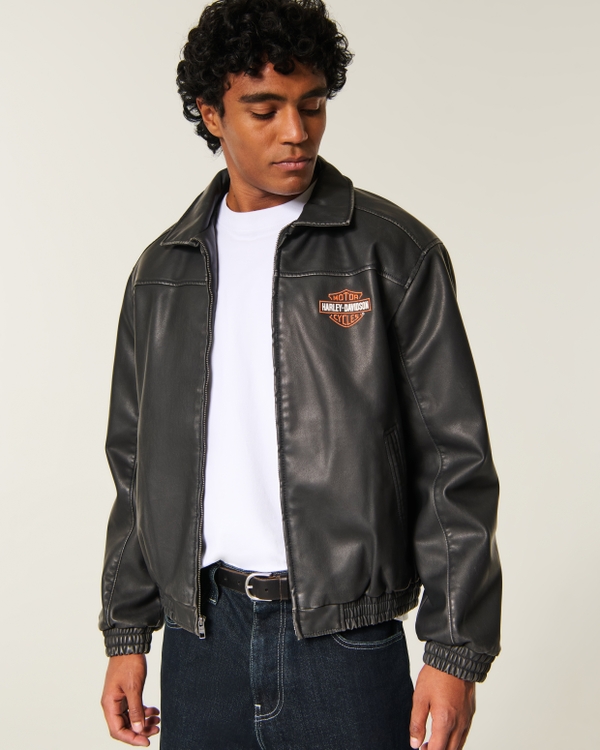 Faux Leather Harley-Davidson Graphic Jacket, Charcoal view 1