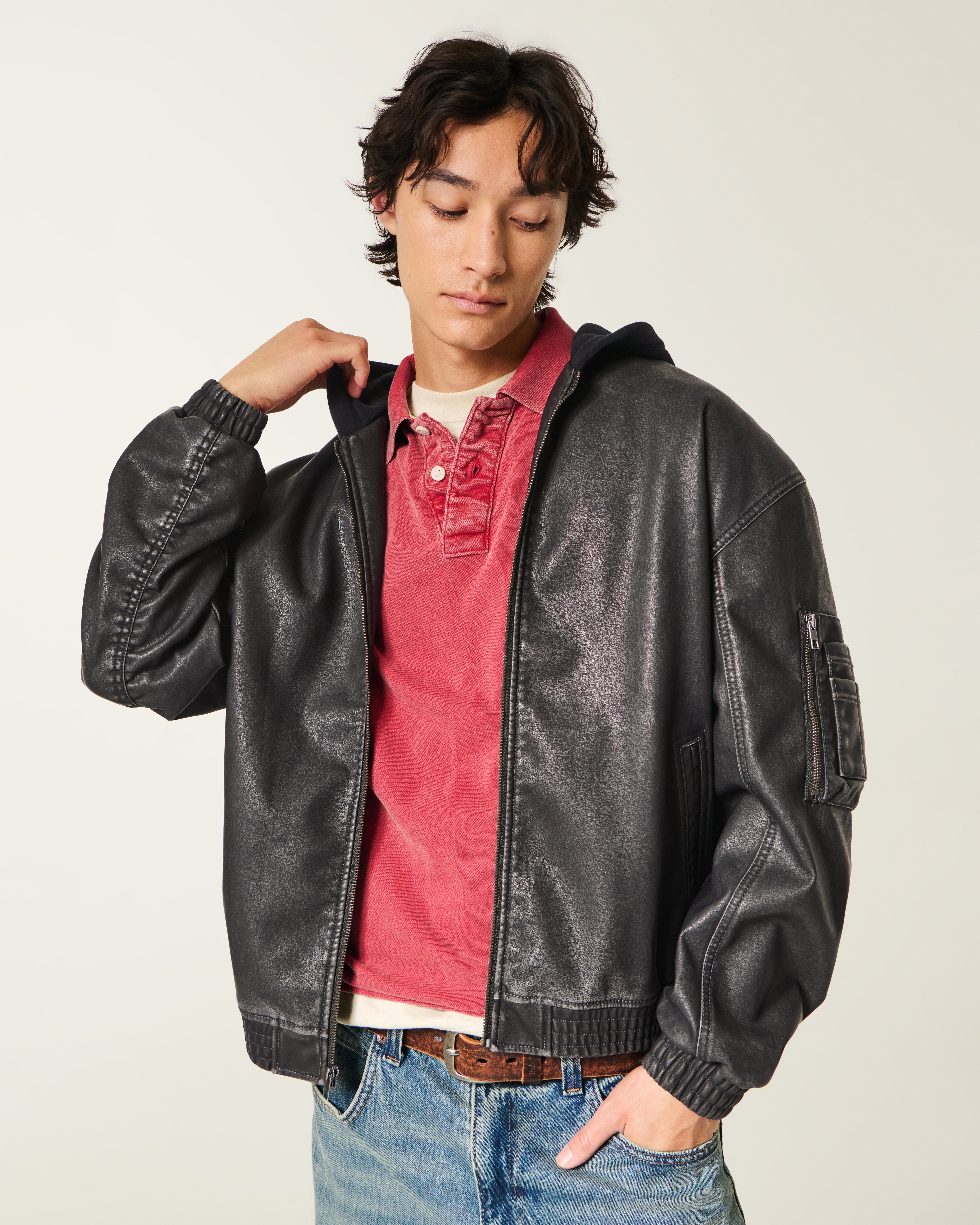 Hooded Faux Leather Bomber Jacket