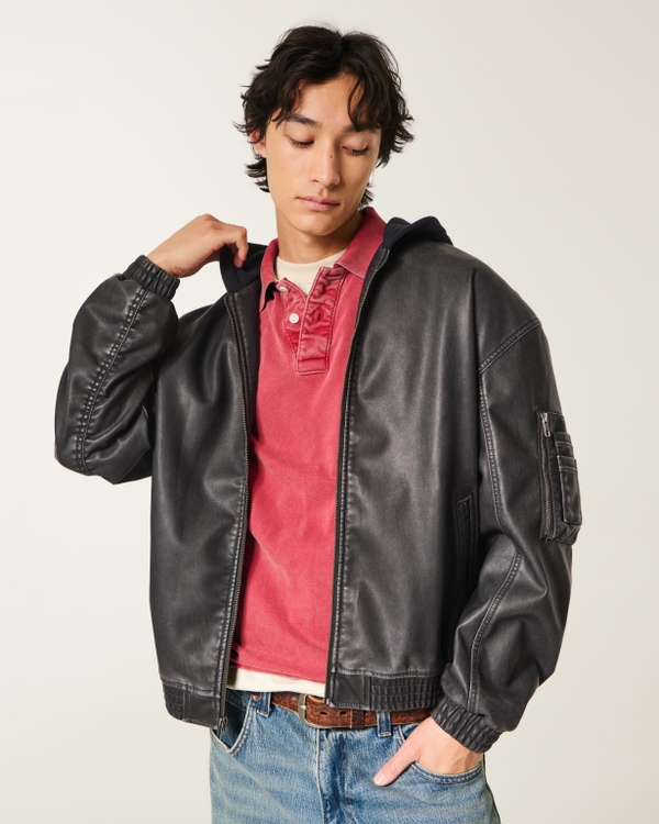 Hooded Faux Leather Bomber Jacket, Black Dd view 1