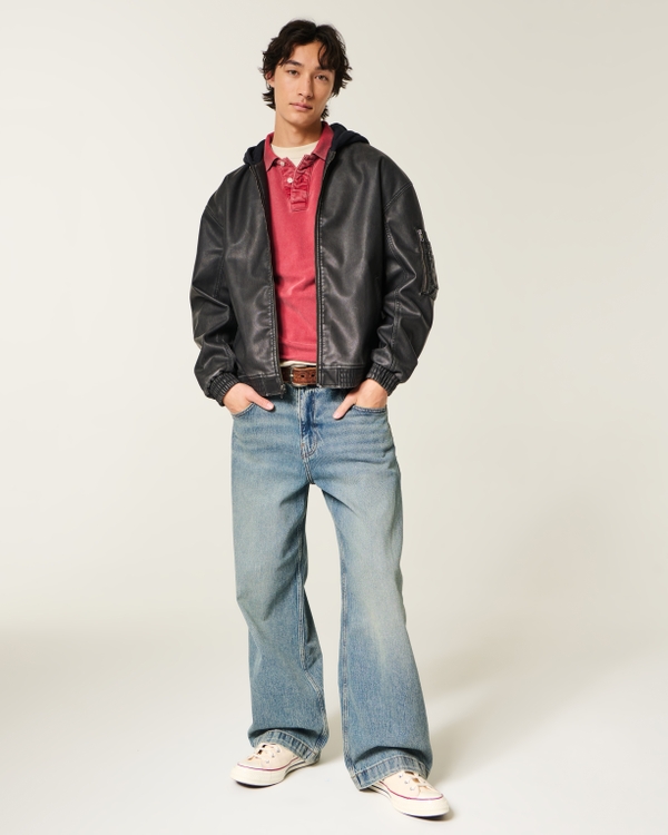 Hooded Faux Leather Bomber Jacket, Black Dd view 2