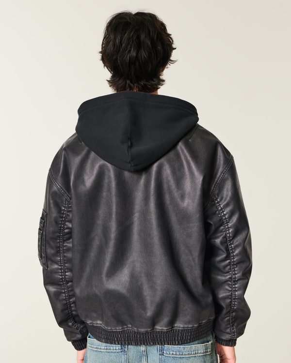 Men's Hooded Faux Leather Bomber Jacket | Men's Jackets & Coats