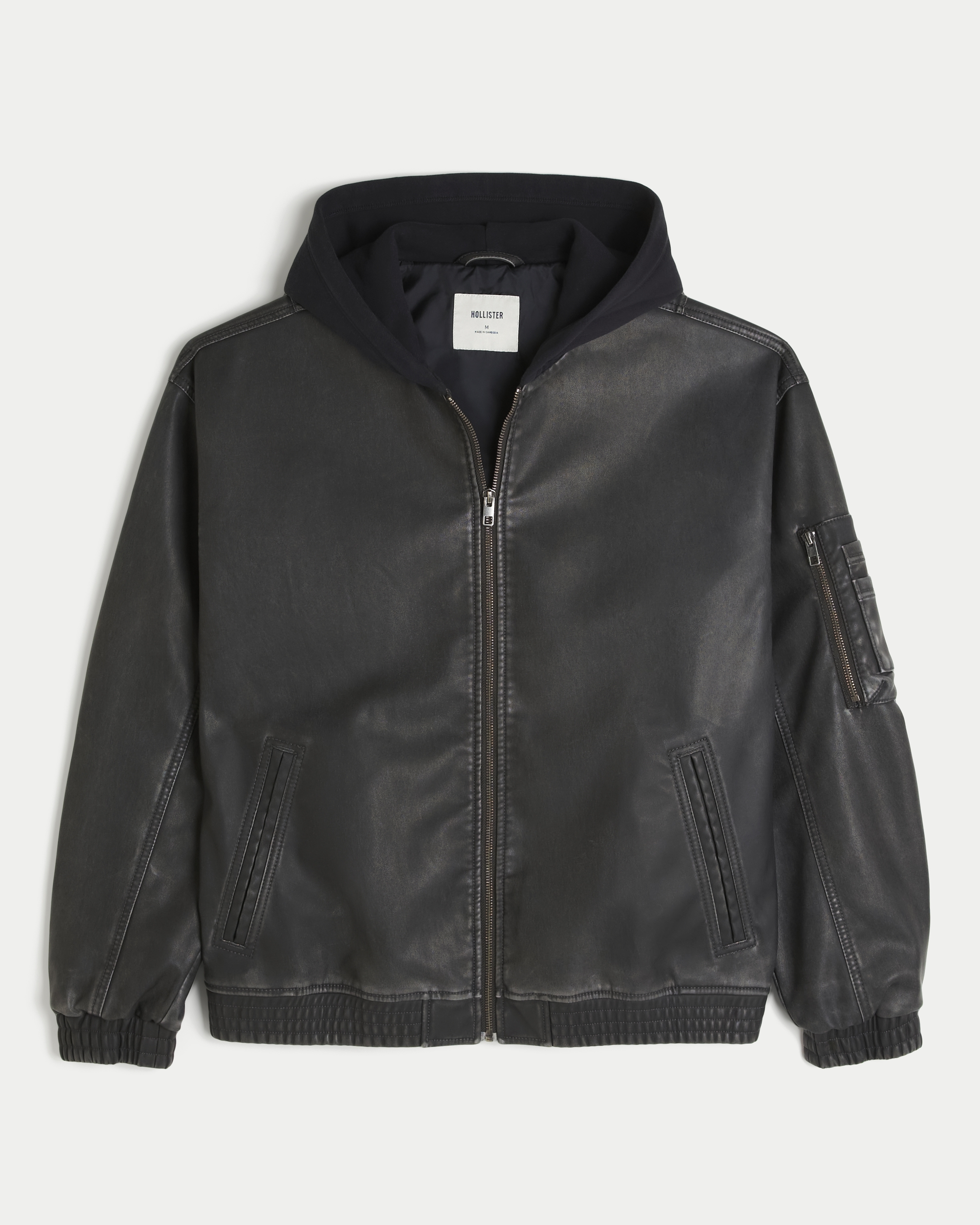 Hooded Faux Leather Bomber Jacket