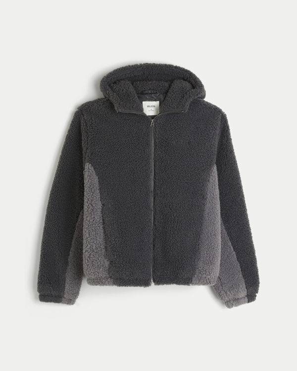 Hooded Faux Shearling Jacket, Charcoal view 1