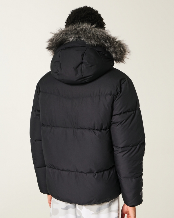 Faux Fur Trim Puffer Jacket, Black view 2