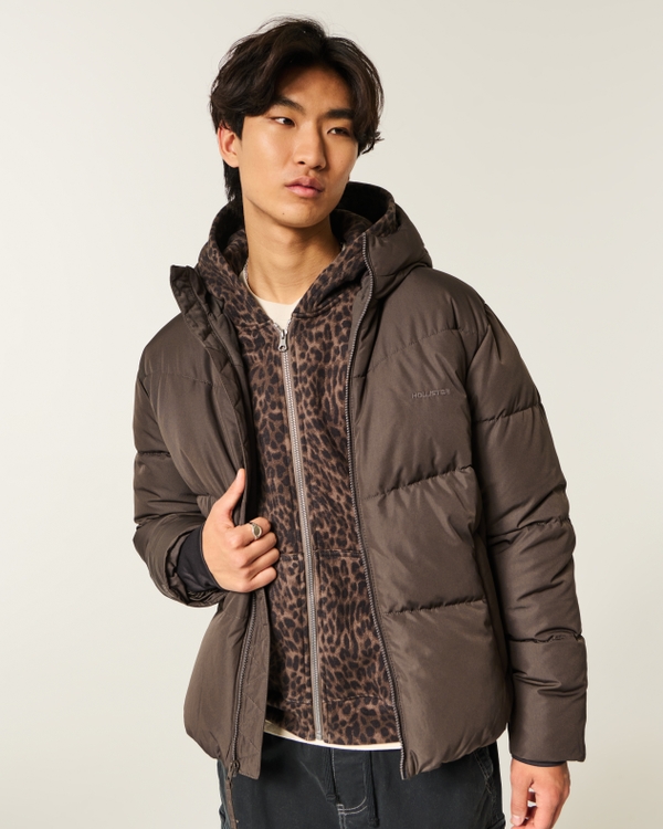 Faux Fur-Lined Puffer Jacket, Brown view 1