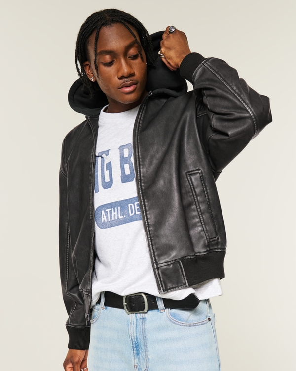 Hooded Faux Leather Bomber Jacket, Black view 1