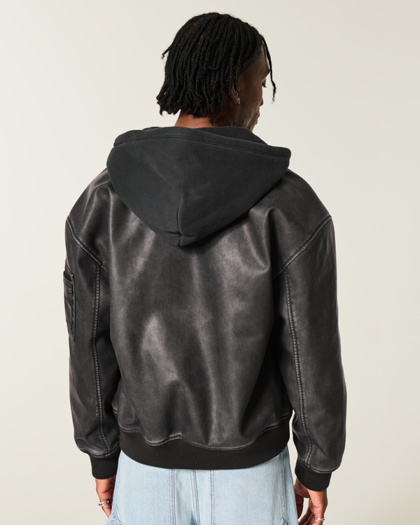Hooded Faux Leather Bomber Jacket, Black view 2