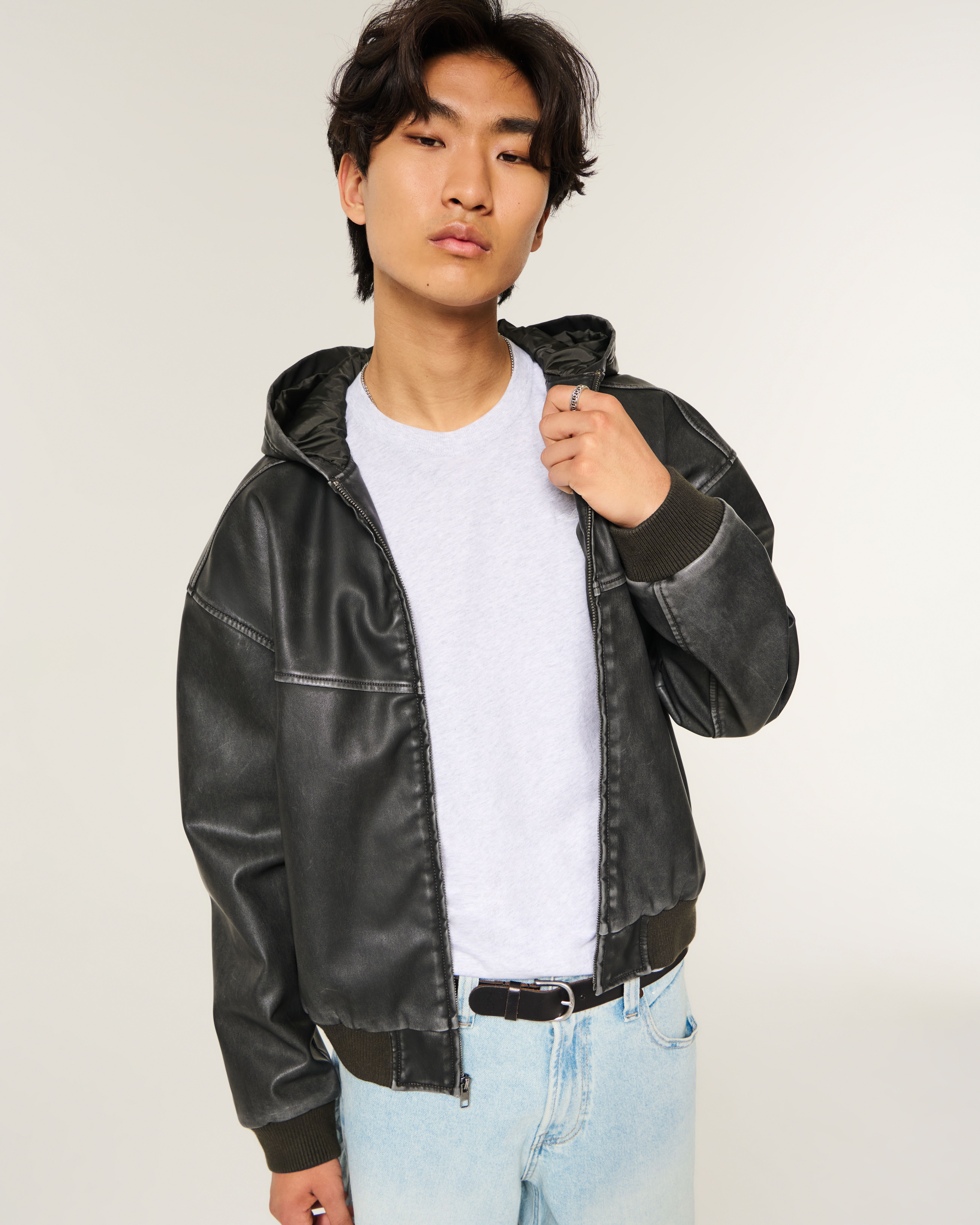 Hooded Faux Leather Skater Jacket