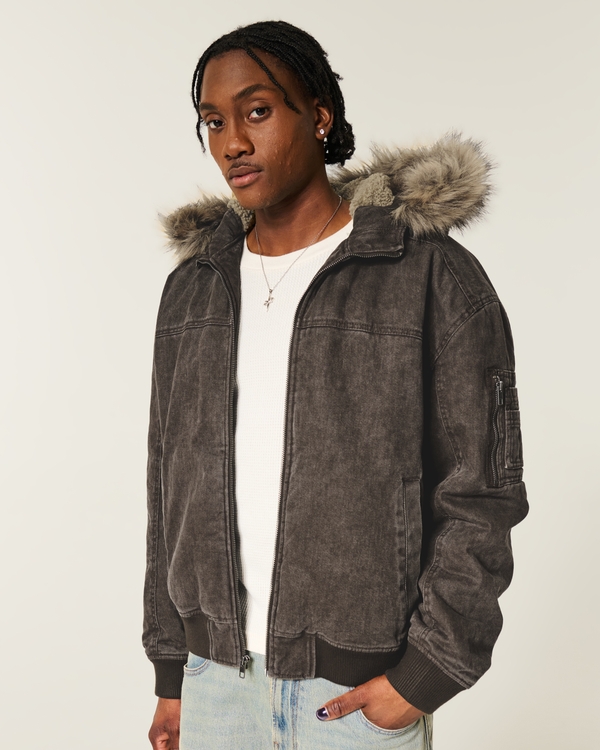 Sherpa-Lined Faux Fur Trim Hoodie Jacket, Brown view 1