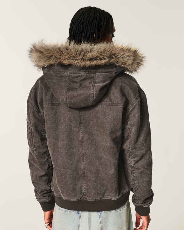 Sherpa-Lined Faux Fur Trim Hoodie Jacket, Brown view 2