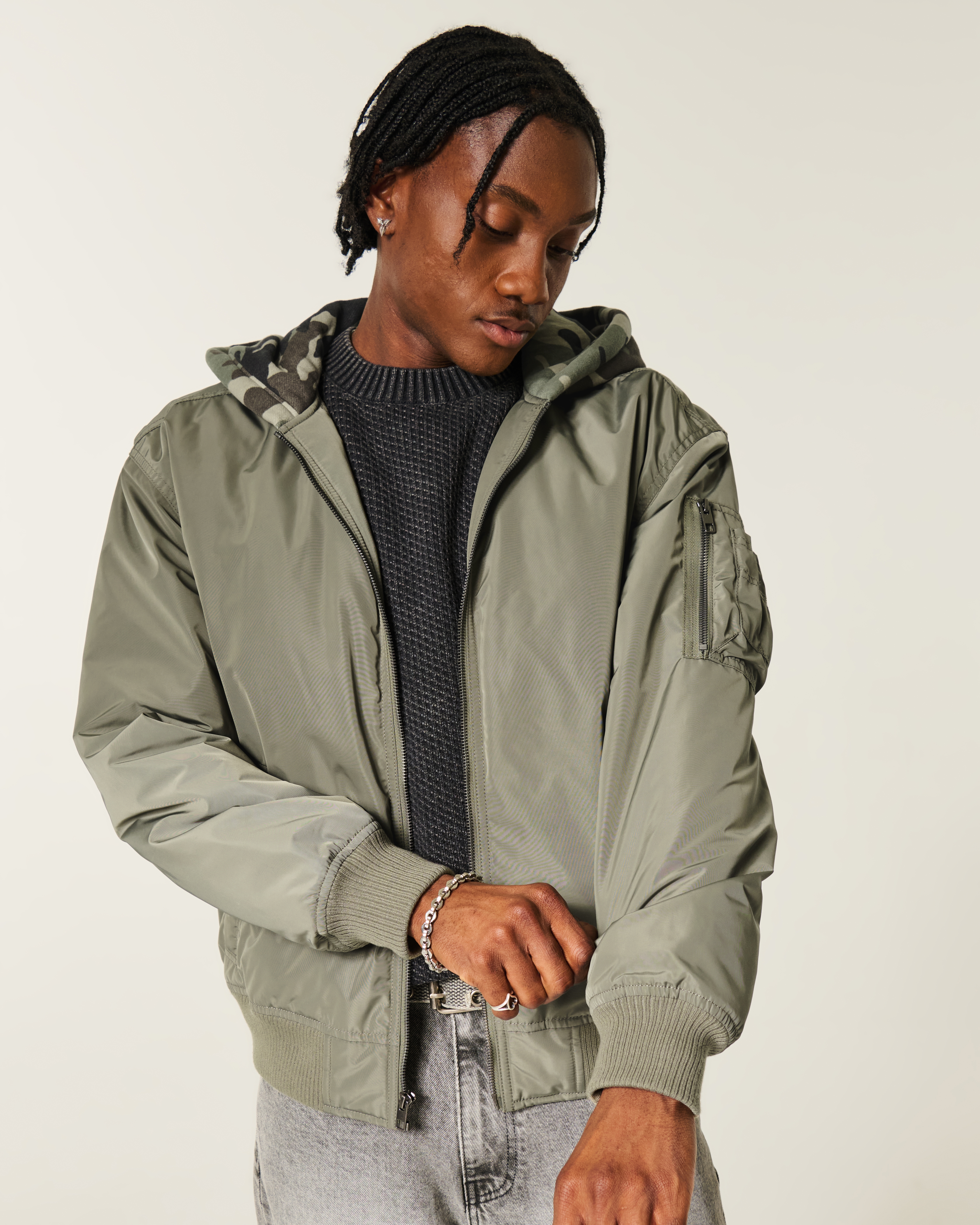 Camo Hooded Bomber Jacket