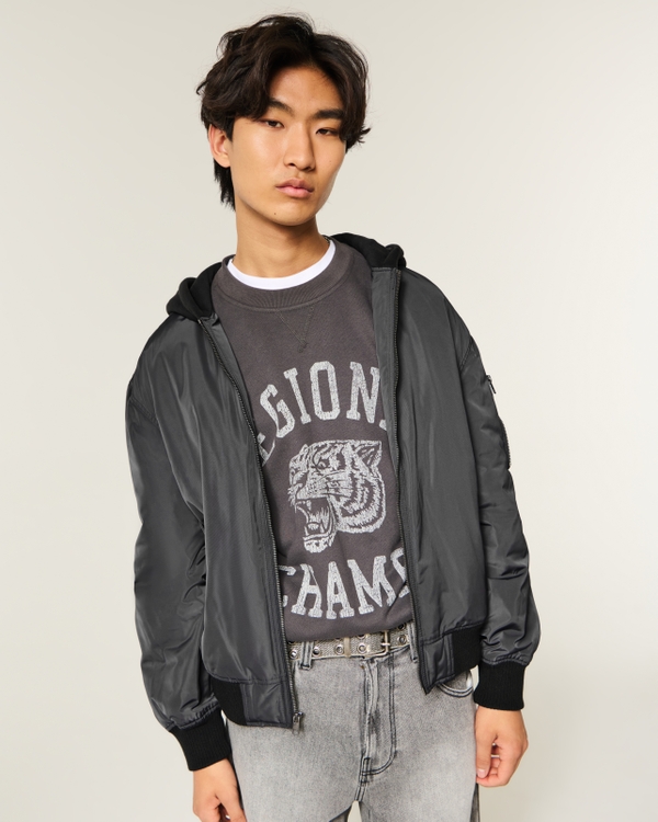 Hooded Bomber Jacket, Black view 1