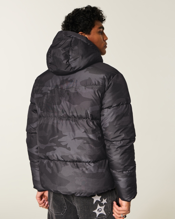 Faux Fur-Lined Camo Puffer Jacket, Black Camo view 2