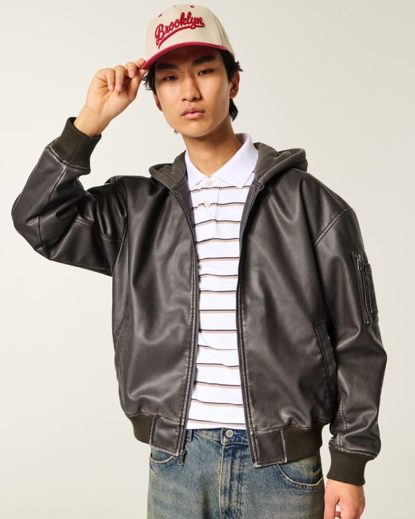 Hooded Faux Leather Bomber Jacket, Dark Brown view 1