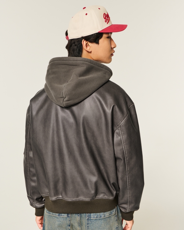 Hooded Faux Leather Bomber Jacket, Dark Brown view 2