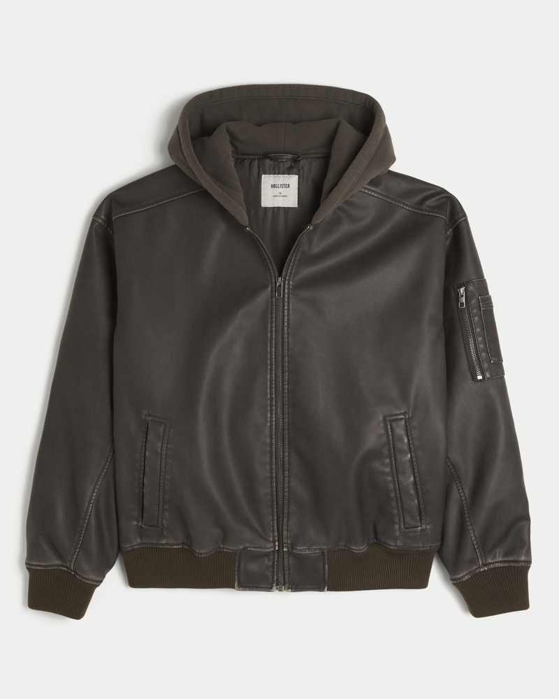 Men's Hooded Faux Leather Bomber Jacket | Men's Clearance